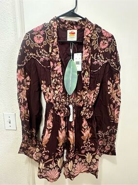 FARM Rio Brown Floral Embroidered Tunic with Pink and Cream Accents